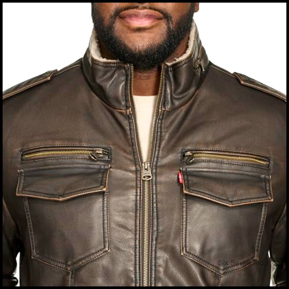 Vintage Faux Leather Aviator Bomber Jacket with Sherpa Lining - Picture 5 of 7